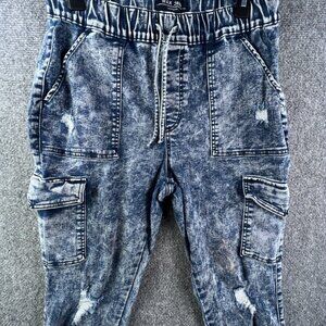 Wax Jeans Women's LARGE Blue Elastic Waist Distressed Acid Wash Stretch Pants